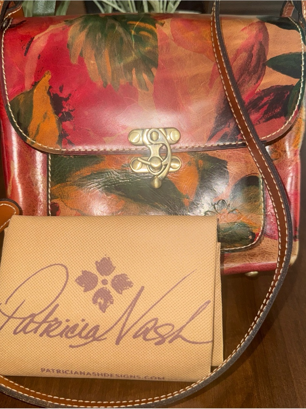 Patricia Nash Painted Floral Leather Crossbody in Red, Green and Brown